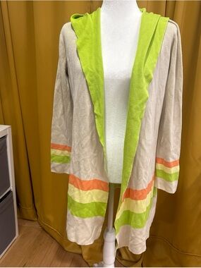 Ost Beige Hooded Open-Front Cardigan with Lime Green & Coral Accents